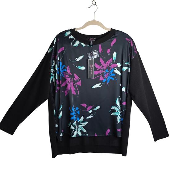 C Wonder SzL NWT Mixed media black Floral soft flowy Pullover Top Sweater Office - Picture 1 of 13
